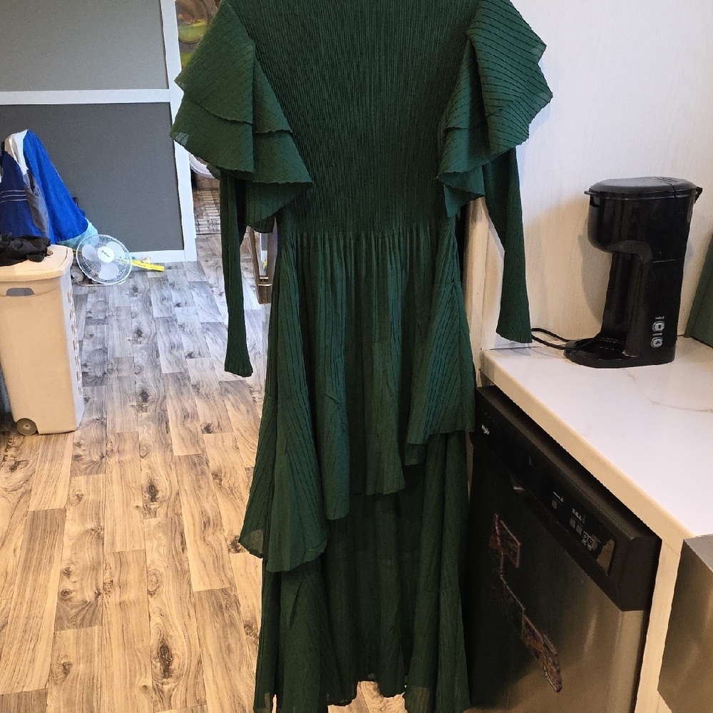 Green Ruffled Tiered Wrap Gown